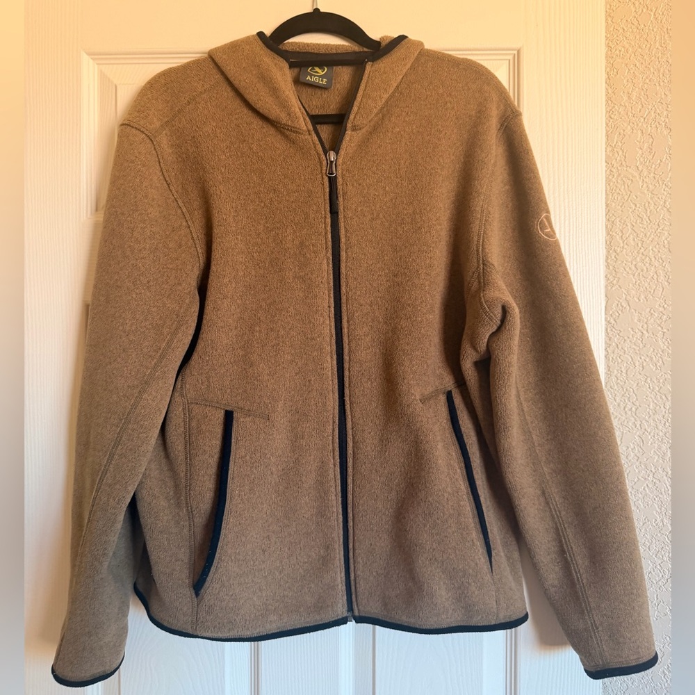 Aigle Men's Tan/Brown Zip Up Sweater Sweatshirt Hoodie Size Large EUC Polartec